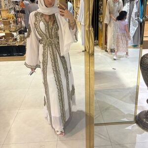 Elegant White and Gold Abaya Dress